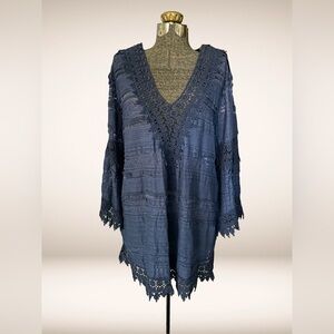Saks Fifth Ave Crochet Lace Tunic Dress Navy Boho Long Sleeve Coverup Size M EUC
